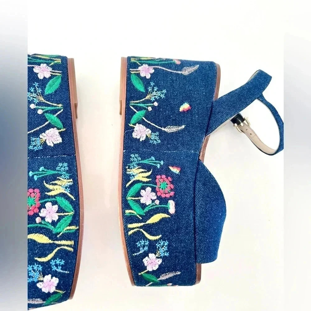 Etienne Aigner Sofhia Floral Embroidered Denim Platform Strappy Shoes‎ Size 6.5 - Picture 10 of 16